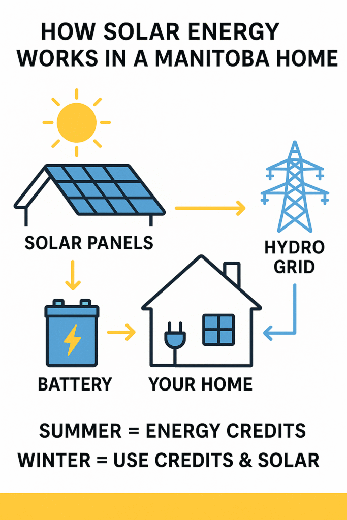 Infographic showing solar panels, battery, home, and Hydro grid energy flow for Manitoba homes.